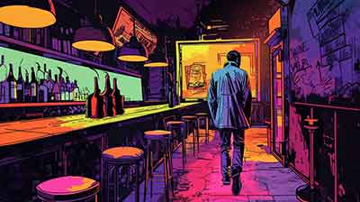 klegrant man walks into a dingy bar s comic book style bright d ae a b a efbf e a