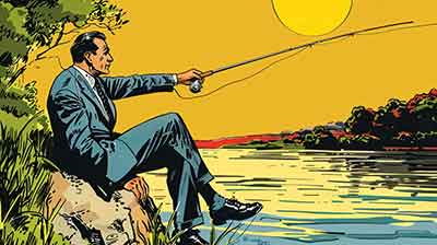 klegrant man in suit sitting on banks of river and he is fishin eb ee ddb e a be a b e d