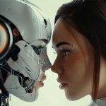 beautiful woman face to face with an android futurism c jpg